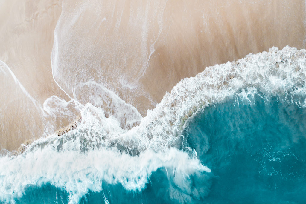 Aerial view of a beach and water