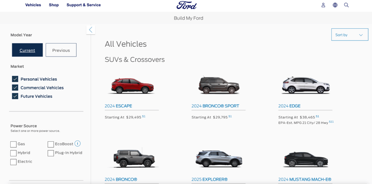 multiple Ford SUV models with filters for year